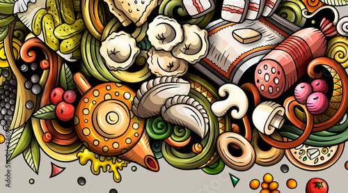 Russian food hand drawn doodle banner. Cartoon detailed flyer.