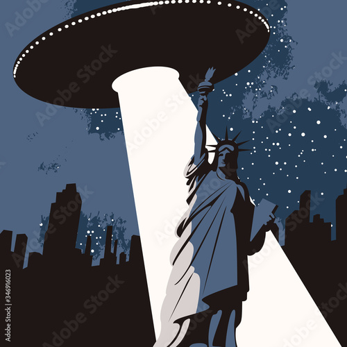 Vector banner on the theme of aliens attack in USA. An illustration of a large flying saucer over a city that sent a bright beam at a Statue of liberty. The UFO invasion