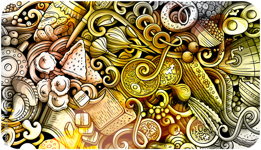 Russian food hand drawn doodle banner. Cartoon detailed flyer.