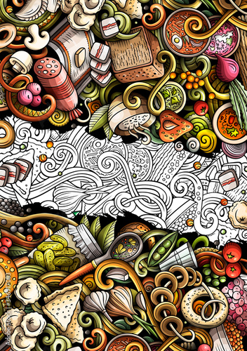 Russian food hand drawn doodle banner. Cartoon detailed flyer.