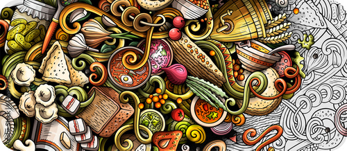 Russian food hand drawn doodle banner. Cartoon detailed flyer.