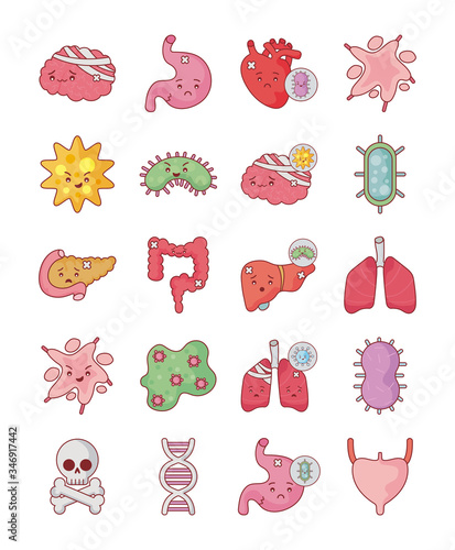 Human organs and virus flat style icon set vector design