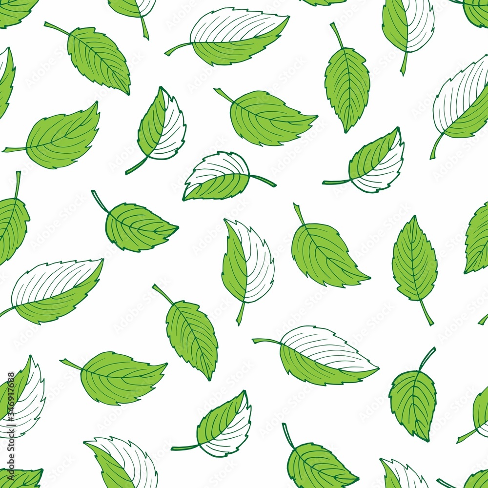 Vector background with Green leaves . Spring doodle Seamless pattern. Hand drawn illustration. Perfect for packaging, wrapping, wallpaper, menu, logo, fabric, party decor, scrapbooking
