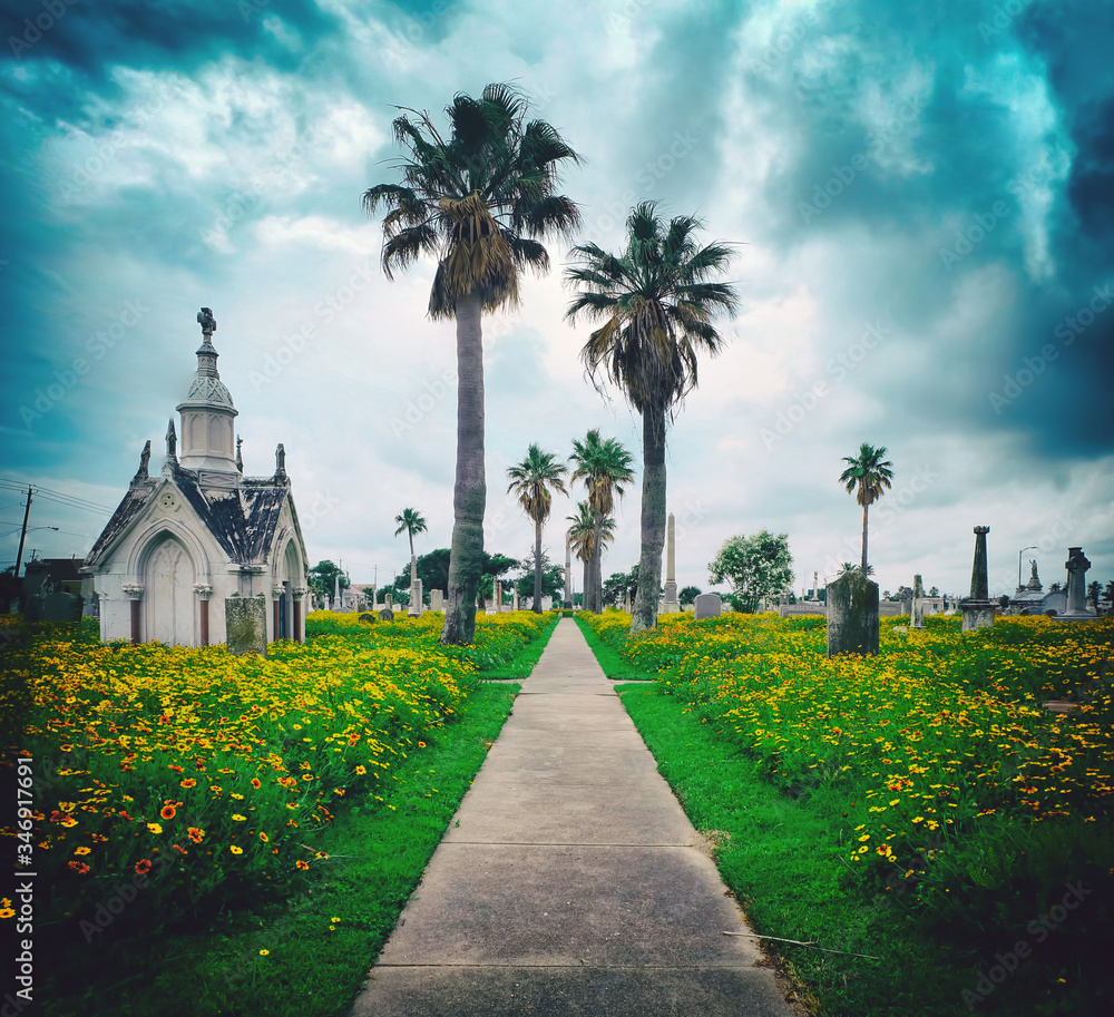 Fototapeta premium old Galveston Texas cemetery with clouds