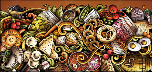 Slavic food hand drawn doodle banner. Cartoon detailed flyer.
