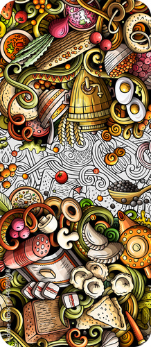 Russian food hand drawn doodle banner. Cartoon detailed flyer.