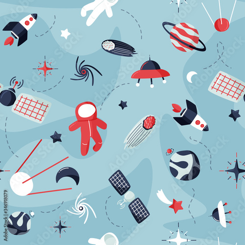 Cute space seamless pattern. Colorful kids background.
