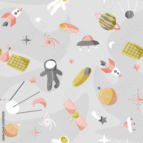 Cute space seamless pattern. Colorful kids background.