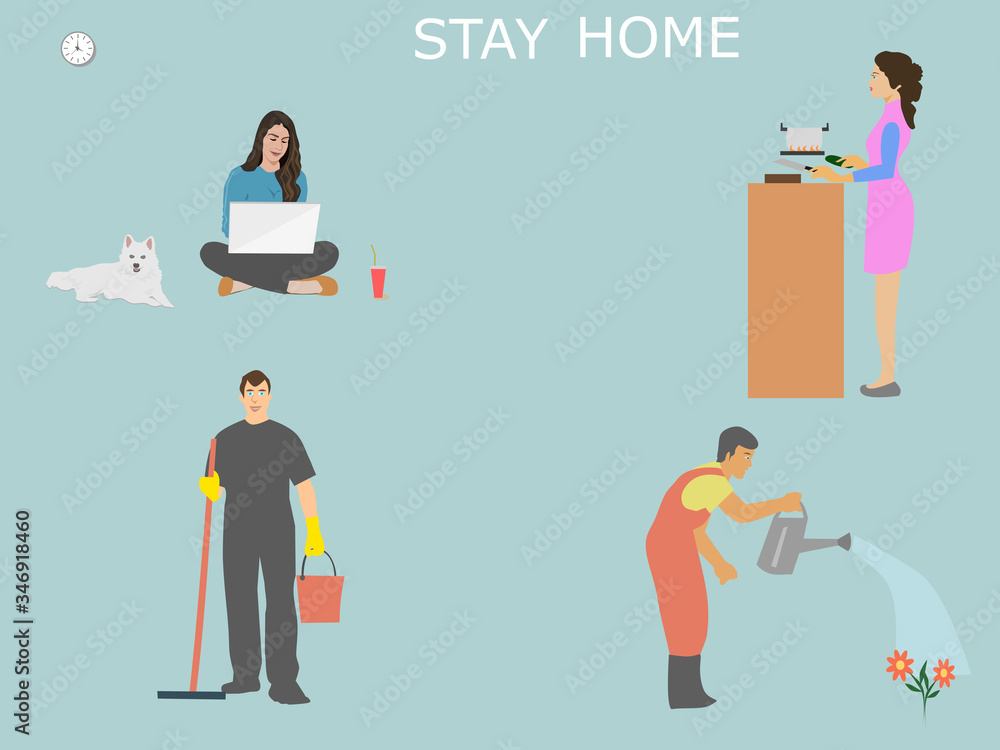 Stay at home to prevent spreading the virus Covid-19.A woman sitting and working using a notebook has a dog beside it.A woman cooking in the kitchen.A man cleaning the house.