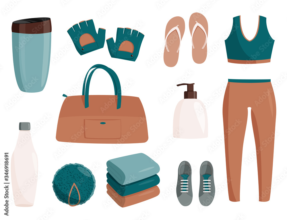 Collection of things to visit the gym. Stort vector set. Collection of things to visit the gym. Stort vector set.