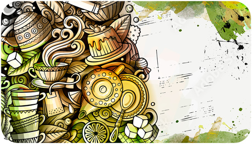 Tea hand drawn doodle banner. Cartoon detailed flyer.