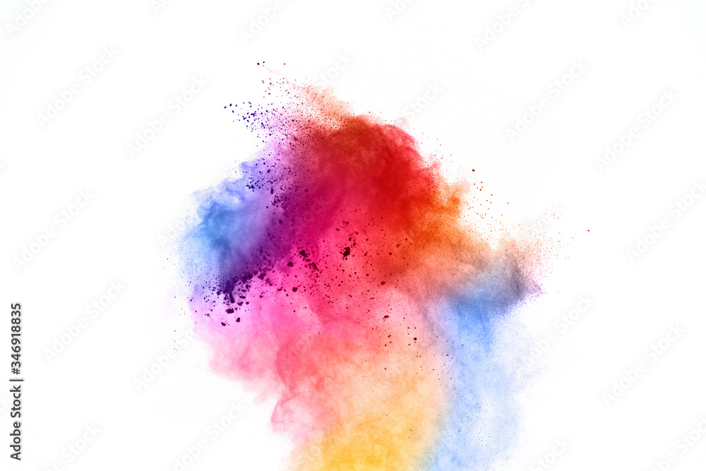 Freeze motion of colored powder explosions isolated on white background. Freeze motion of colored powder explosions isolated on white background.