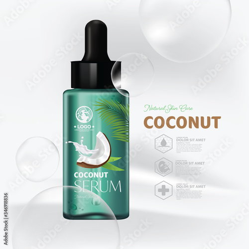 Coconut Oil Moisture Essence Skin Care Cosmetic composition for poster, banner, label, sticker Design vector illustration