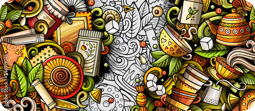 Tea hand drawn doodle banner. Cartoon detailed flyer.