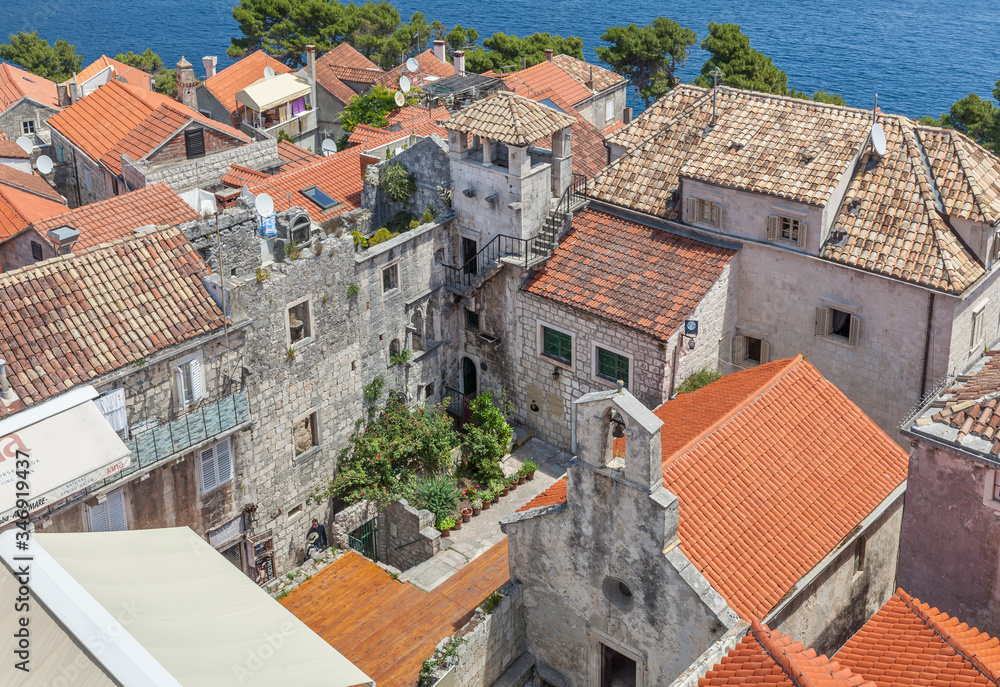 Marco Polos alleged house of birth and church St. Peter in medieval town Korcula on island Korcula, Dalmatia, Croatia