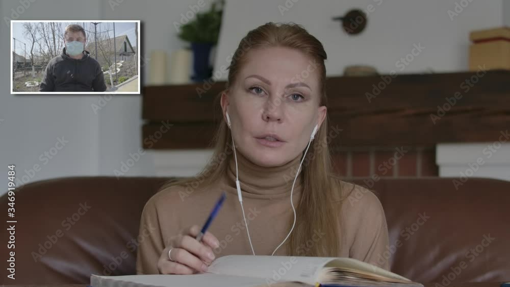 Beautiful woman disagree with young man in video chat. Portrait of confident Caucasian female CEO chatting online with colleague on coronavirus quarantine. Covid-19, lockdown, remote work. Beautiful woman disagree with young man in video chat. Portrait of confident Caucasian female CEO chatting online with colleague on coronavirus quarantine. Covid-19, lockdown, remote work.