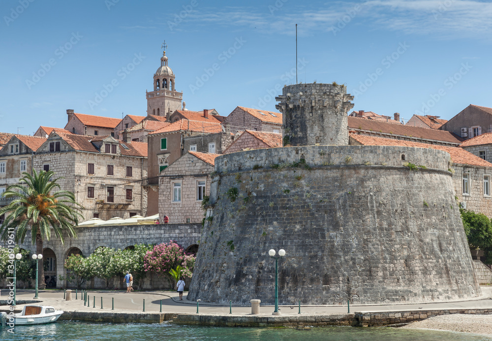 Medieval town Korcula with a great defensive tower near the sea, Dalmatia, Croatia