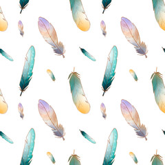 Papier peint photo Plumes aquarelles patrons Plumes turquoise jaunes motif mignon  © ka.yansh