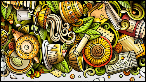 Tea hand drawn doodle banner. Cartoon detailed flyer.