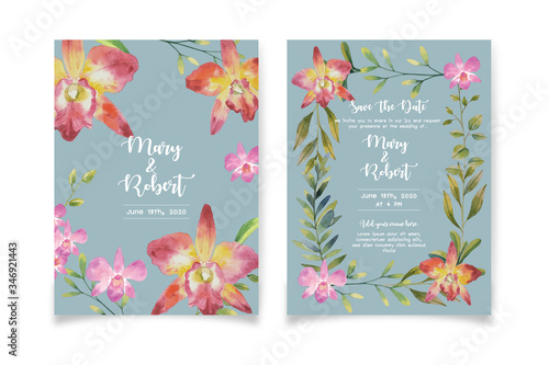 Water color pink orchids and Cattleya orchid with green leaf botanical style bouquet on sky blue background illustration vector. Wedding card format. Suitable for wedding design elements. photo