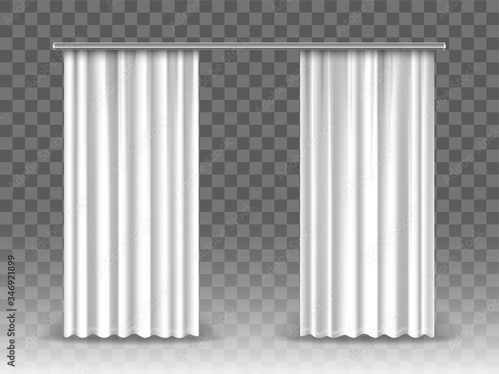 Vector white curtains isolated on transparent background. Realistic mockup curtains hanging on metal rod Vector white curtains isolated on transparent background. Realistic mockup curtains hanging on metal rod