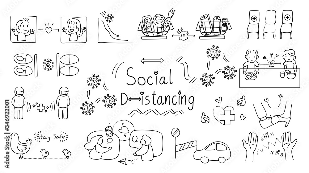 hand draw doodle line art icon set .strategy for life saving and stop virus transmission,  Life in the time of Corona concept vector. social distancing  and lockdown theme 