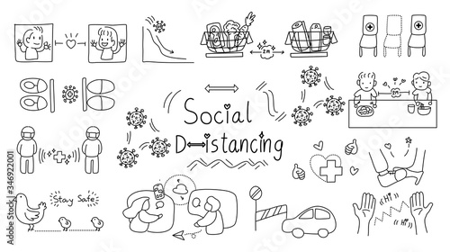 hand draw doodle line art icon set .strategy for life saving and stop virus transmission,  Life in the time of Corona concept vector. social distancing  and lockdown theme 
