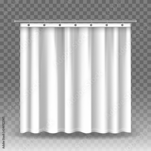 Vector white curtains isolated on transparent background. Realistic mockup curtains hanging on metal rings and rod