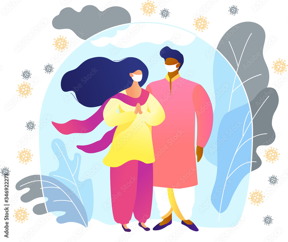 Happy Indian young couple in traditional clothes are protected from viruses and diseases. immunity, vaccination and a healthy lifestyle. Hindu Family Flat vector. wife protects family with prayers.