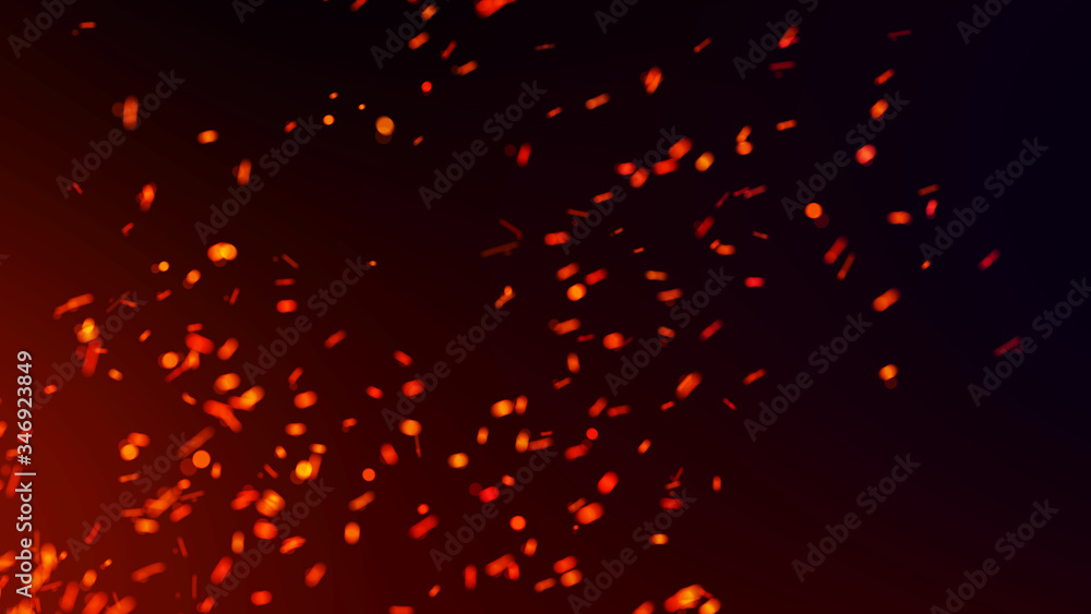 Burning flying sparks on dark background. Abstract pattern of bright particles. 3d