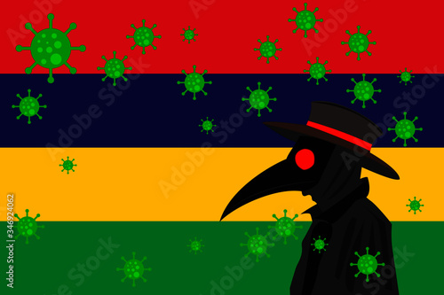 Black plague doctor surrounded by viruses with copy space with MAURITIUS flag.