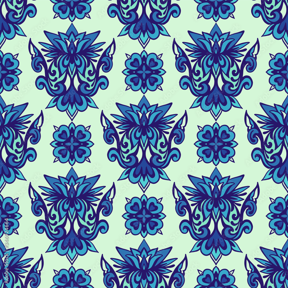 Abstract porcelain blue and white ethnic background seamless pattern