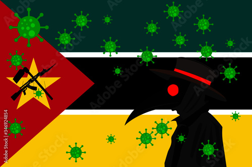 Black plague doctor surrounded by viruses with copy space with MOZAMBIQUE flag.