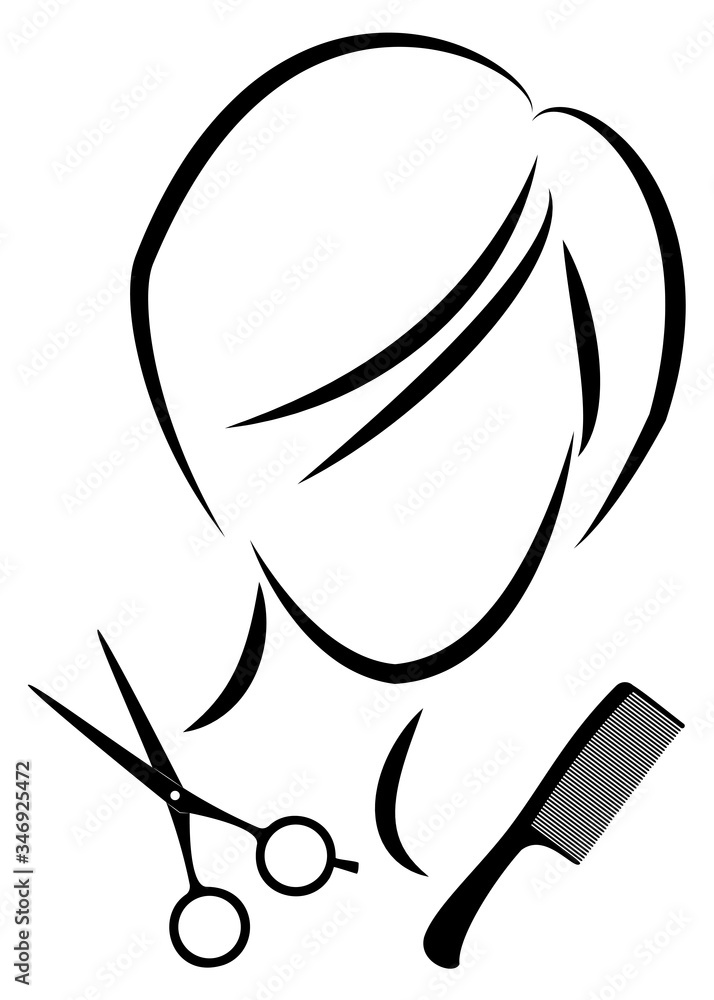 Silhouette of a cute lady. The girl shows a hairstyle on medium and long hair and scissors. Suitable for logo, hairdresser advertising. Vector illustration Silhouette of a cute lady. The girl shows a hairstyle on medium and long hair and scissors. Suitable for logo, hairdresser advertising. Vector illustration