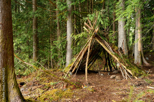 Woodland shelter on a survival and bushcraft course in British Columbia, Canada