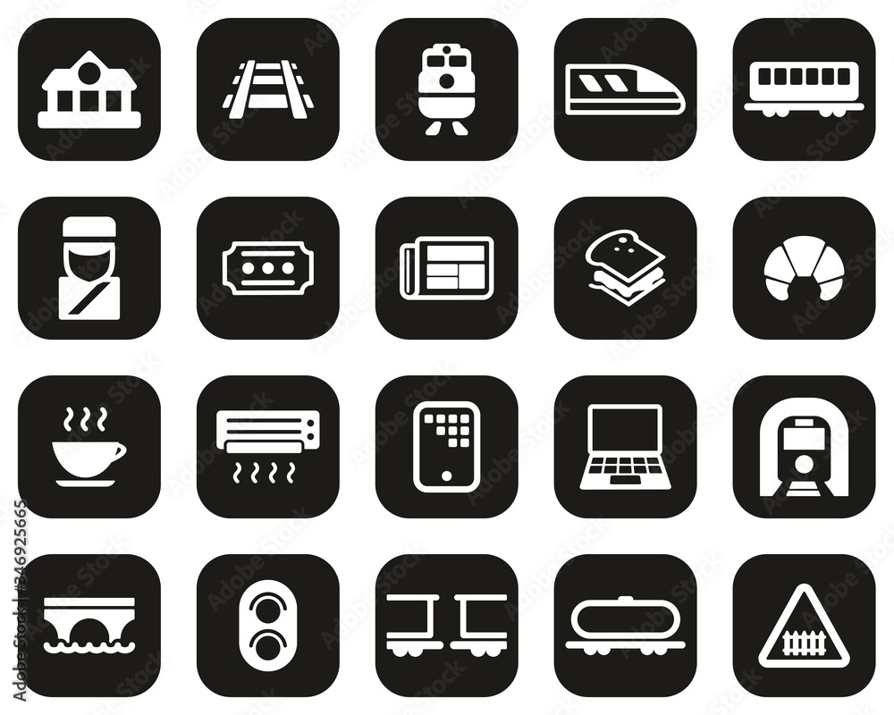 Railroad Travel & Cargo Transportation Icons White On Black Flat Design Set Big Railroad Travel & Cargo Transportation Icons White On Black Flat Design Set Big