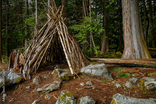 Woodland shelter on a survival and bushcraft course in British Columbia, Canada photo