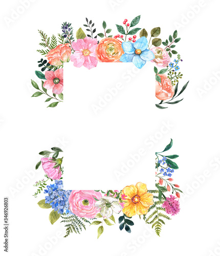 Beautiful wildflower border with hand painted summer meadow flowers, herbs, grass, leaves, isolated on white background. Botanical flower frame illustration, card design template