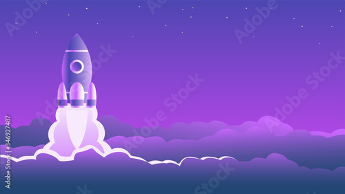 A space rocket takes off in the starry sky. The clouds are lit by a fiery flame. Vector cartoon illustration with place for text.