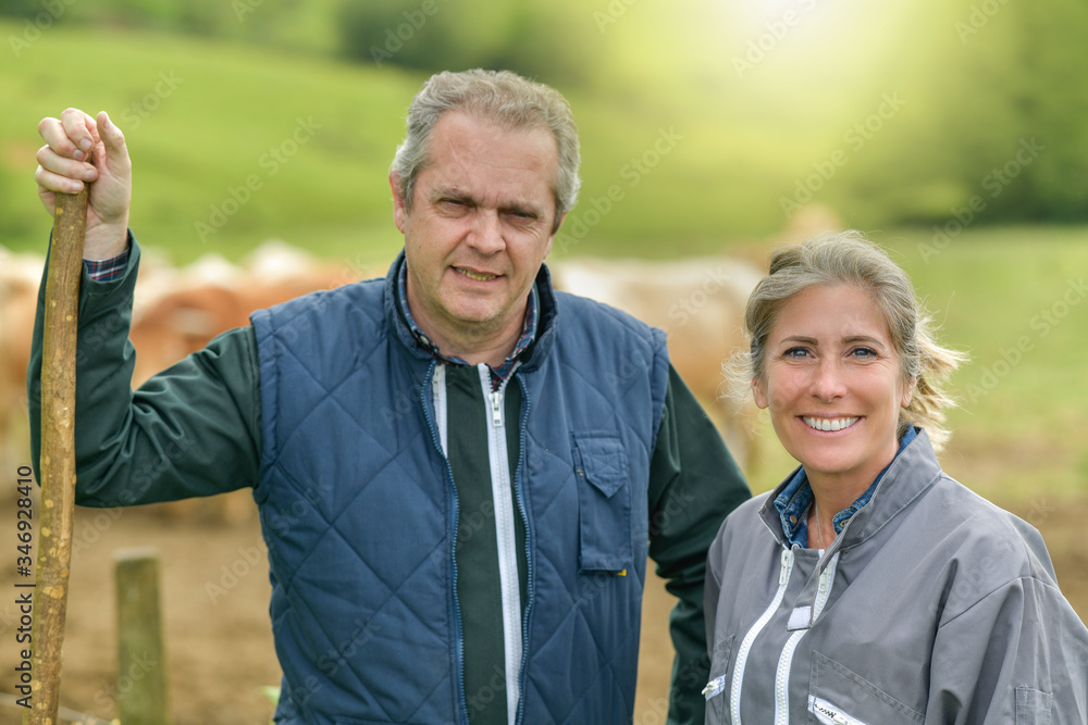 Portrait of a farmer couple in a field beside theirs animals