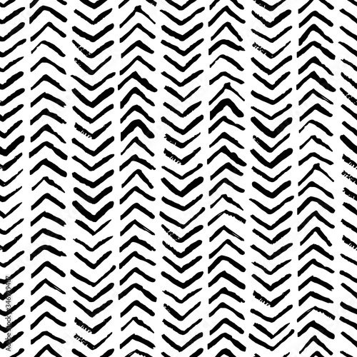 Watercolor herringbone stripes vector seamless pattern. Fashion textile print in black white hatch strokes