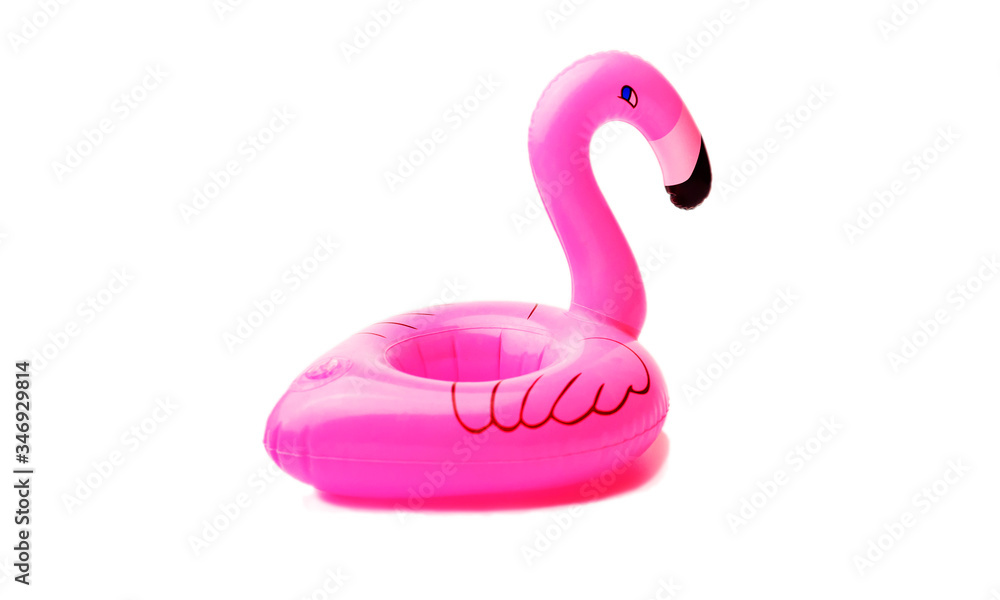 inflatable little flamingo on an isolated white background. Cup holder for the pool. Concept of summer time. Beach summer composition. inflatable little flamingo on an isolated white background. Cup holder for the pool. Concept of summer time. Beach summer composition.