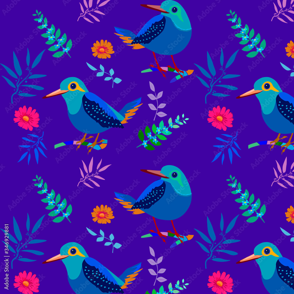 Print Pattern of birds and decorative flowers and twigs for textiles