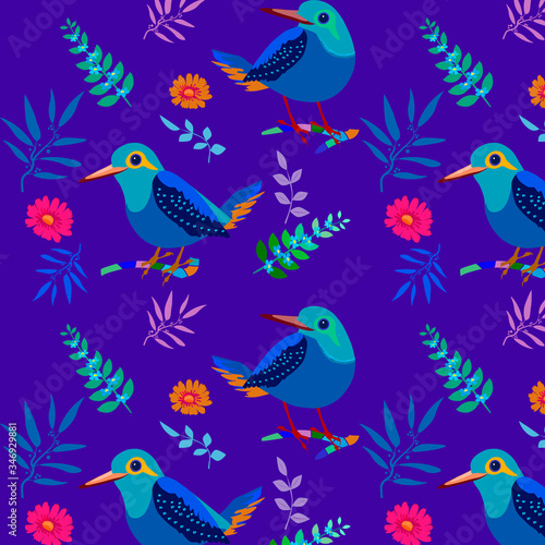 Print Pattern of birds and decorative flowers and twigs for textiles