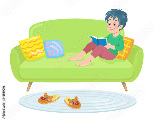 Funny boy reads while sitting on a green sofa. In cartoon style. Isolated on white background. Vector flat illustration.