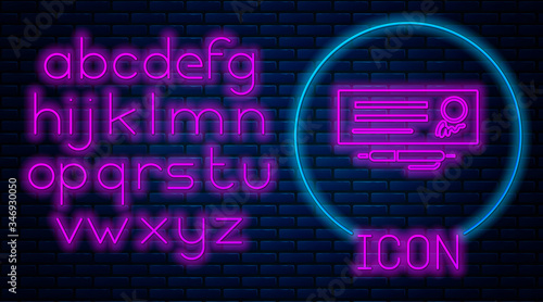 Glowing neon Blank template of the bank check and pen icon isolated on brick wall background. Checkbook cheque page with empty fields to fill. Neon light alphabet. Vector Illustration