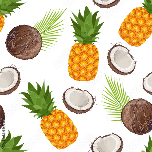 Pineapple and coconut seamless pattern. Tropical fruits and green palm leaves isolated on white. Food background. Vector illustration in cartoon flat style.