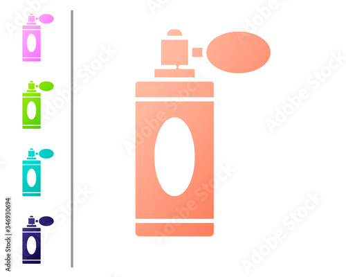 Coral Aftershave bottle with atomizer icon isolated on white background. Cologne spray icon. Male perfume bottle. Set color icons. Vector Illustration