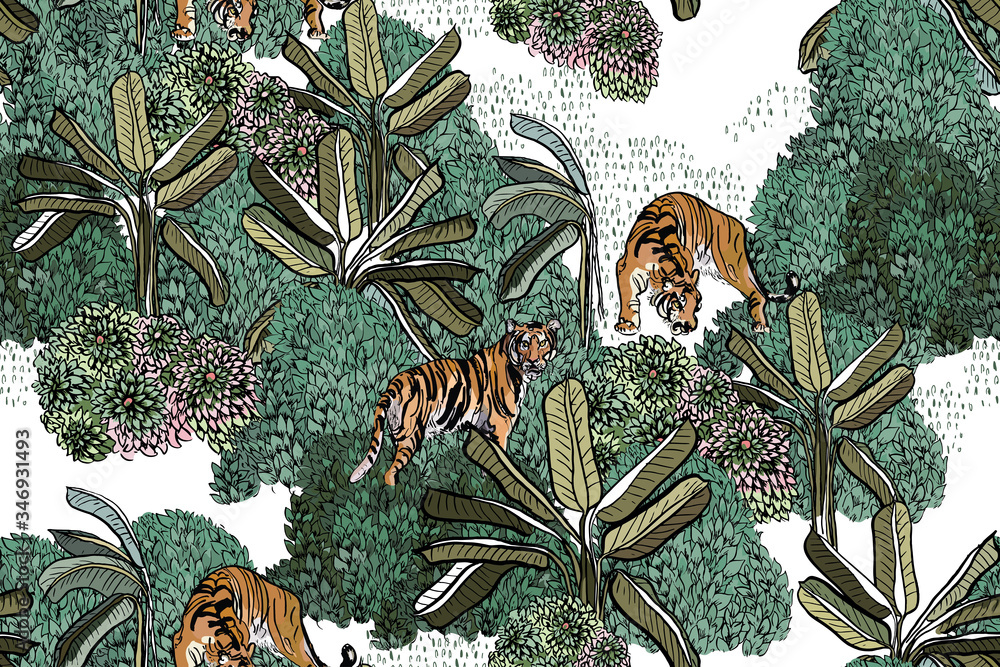 Fototapeta Tigers in Chinese Mountains with Palms Asian Jungles Primitivist Style, Hand Drawn Doodle Drawing Wallpaper Design, Oriental Textile Seamless Pattern, Palms and Wildlife Illustration