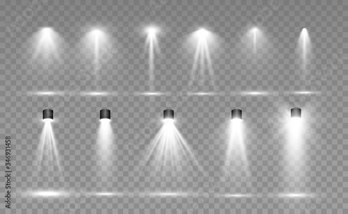Searchlight collection for stage lighting, light transparent effects. Bright beautiful lighting with spotlights.